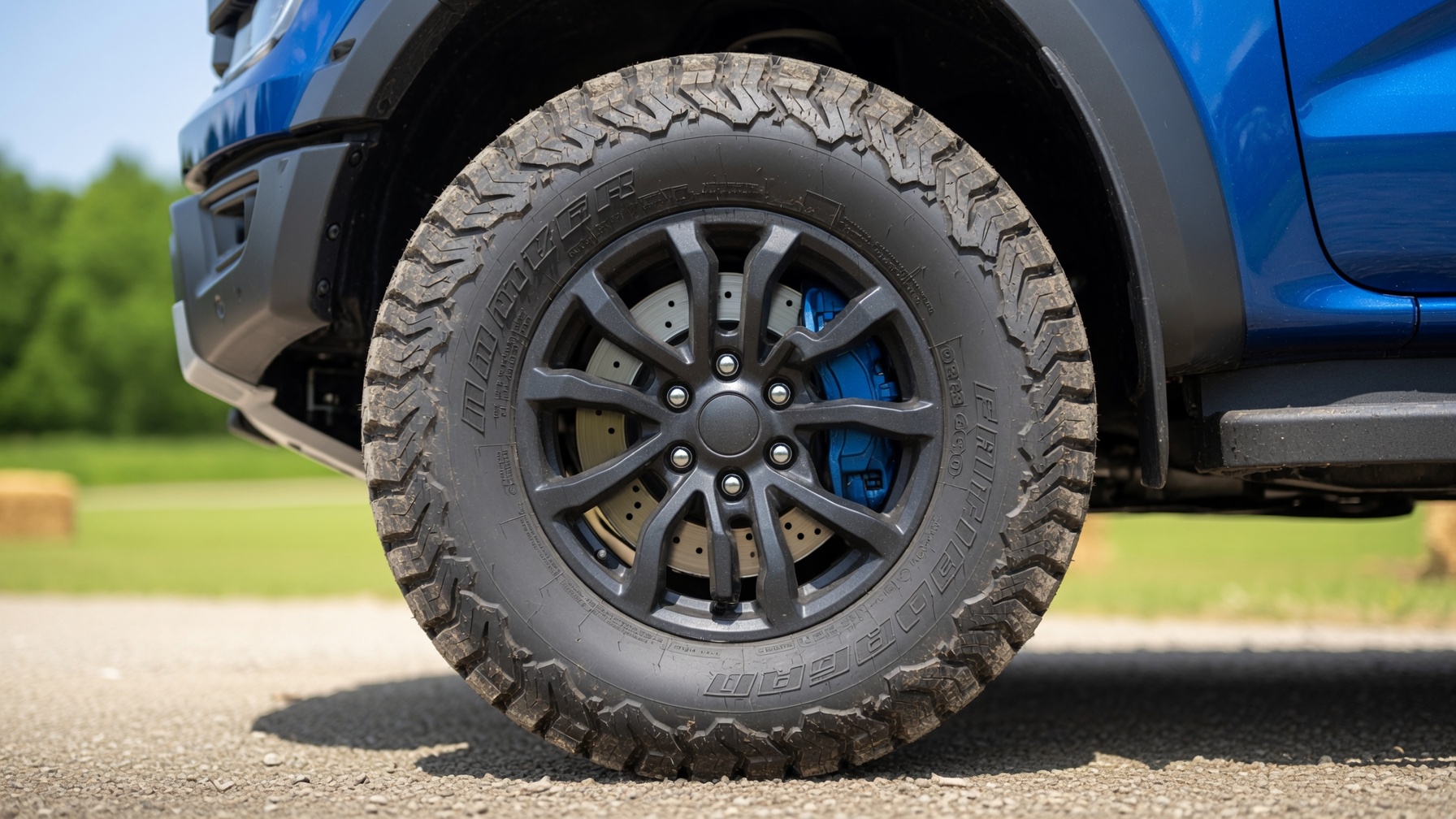 All-terrain tire, wheel and blue caliper