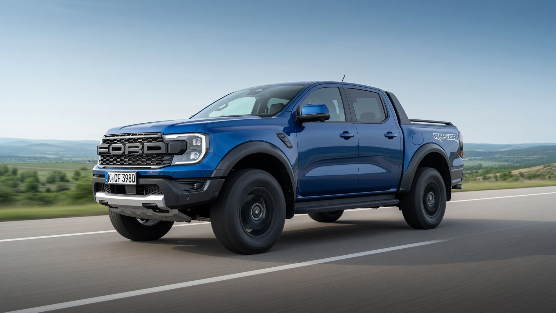 Ranger Raptor on an open road, three-quarter front view